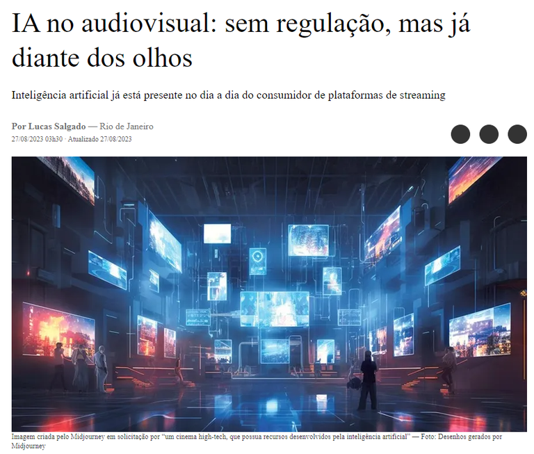 Captura de tela do matéria do site do O Globo, ilustrada com uma imagem  gerada por IA composta por mútiplas telas flutuantes